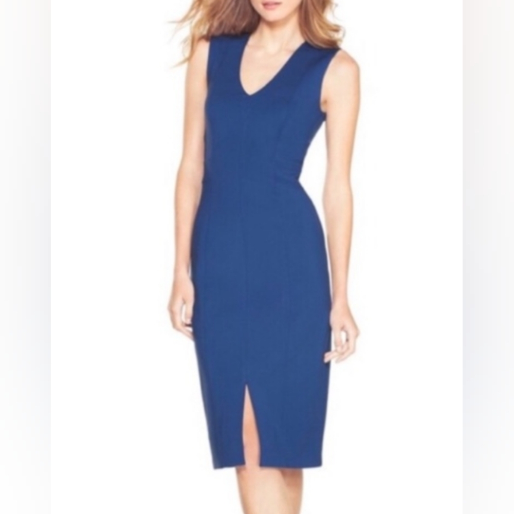 White House Black Market Blue Sleeveless V-Neck Midi Sheath Dress 10P Petite NWT